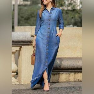 Full Size Button-Down Maxi Denim Dress Plus Size